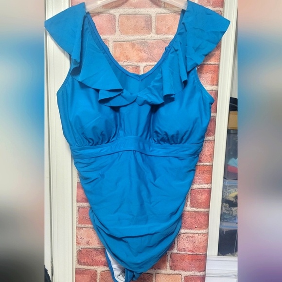 Women's plus size 20W one pcs. Ruffle collar turquoise swimsuit. New - Picture 1 of 7